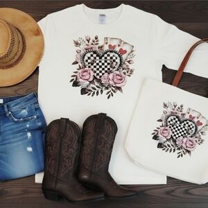 Checkered Heart Long Sleeve Tee • Western Boho Roses • Country Girl Graphic Top